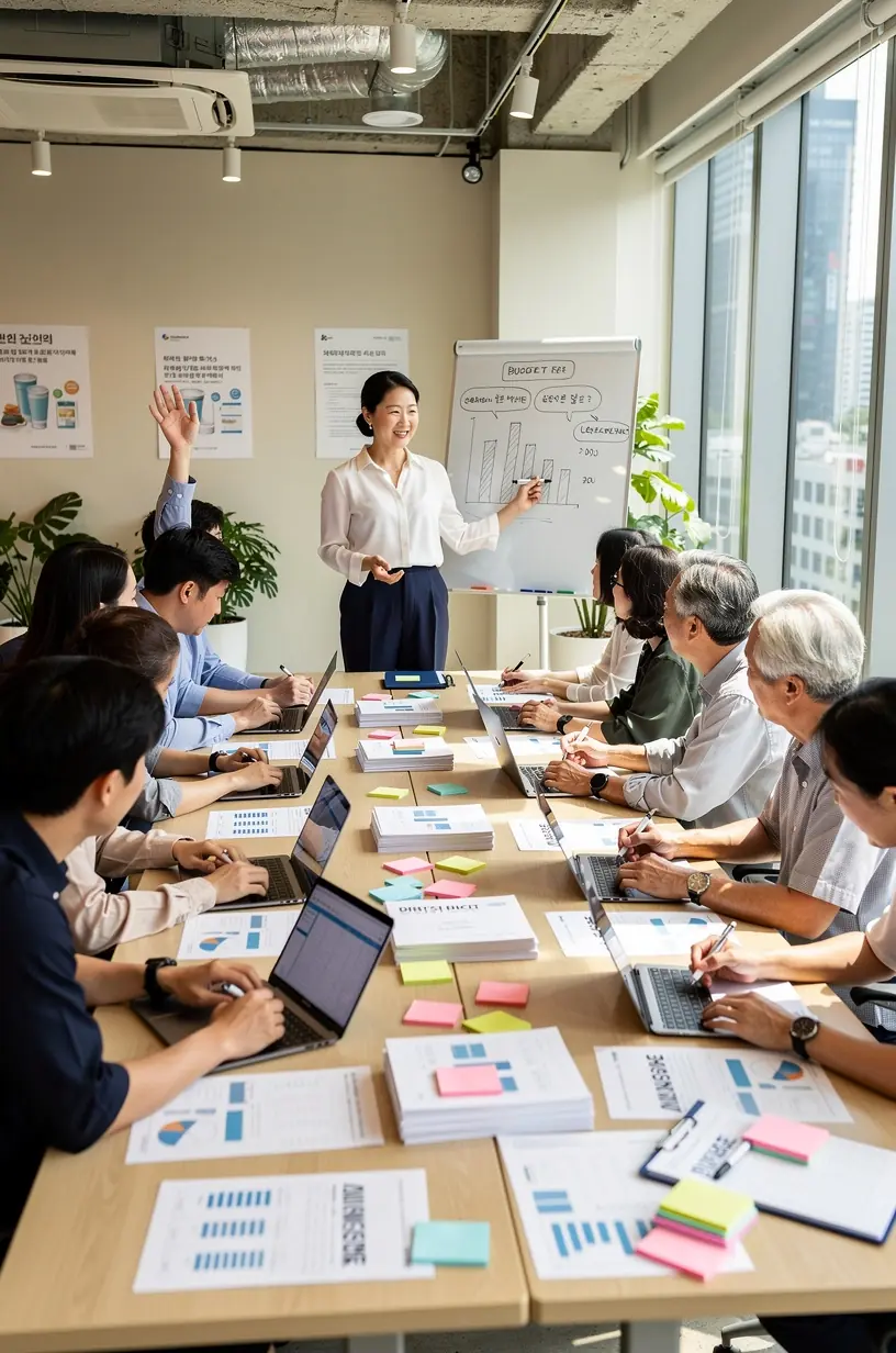 Obrázok ruky zapisujúcej finančné ciele do plánovača na stole.